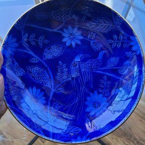 Eclectique Kai Kai Ceramic Dark Cobalt Blue White Birds Flowers Gold Trim Bowl